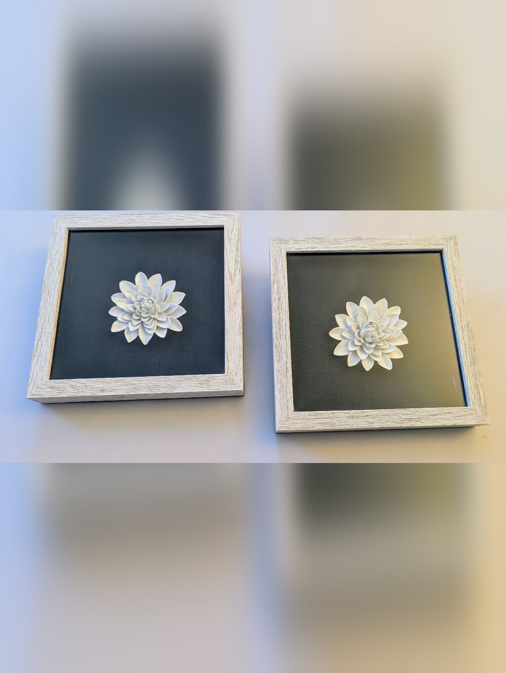 Set Of 2 White Ceramic Flower Rustic Style Shadow Box Framed Wall Decor 8.5x8.5